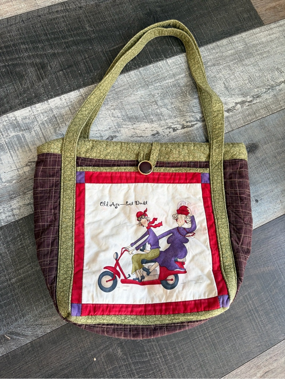 Handmade Quilted Old Age Eat Dust Scooter Ladies Tote Bag